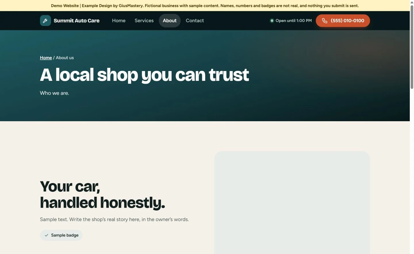Actual About page desktop screenshot of the auto repair demo