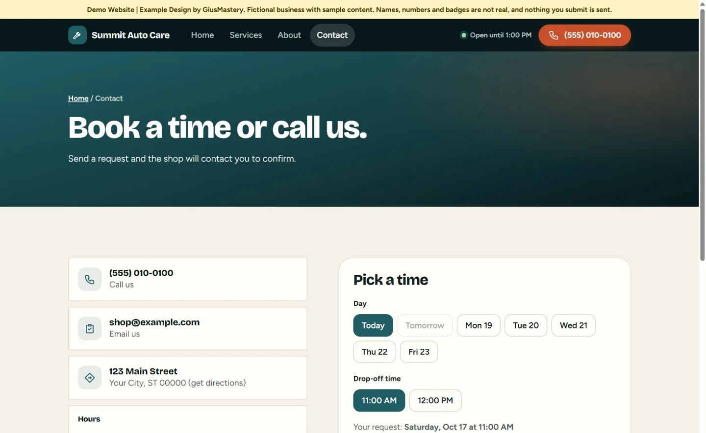 Contact page of the auto repair live demo