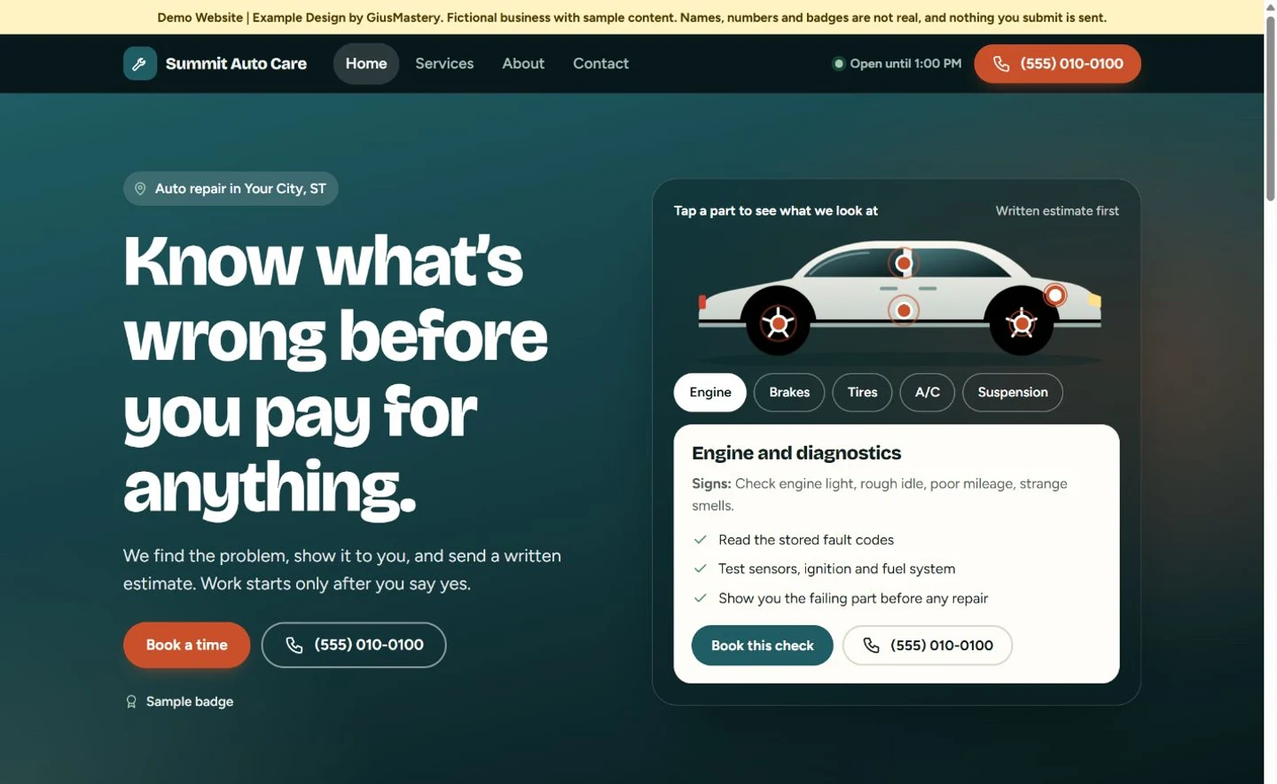 Home page of the auto repair live demo