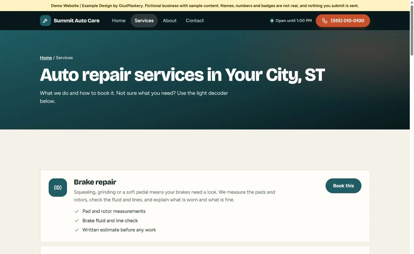 Services page of the auto repair live demo